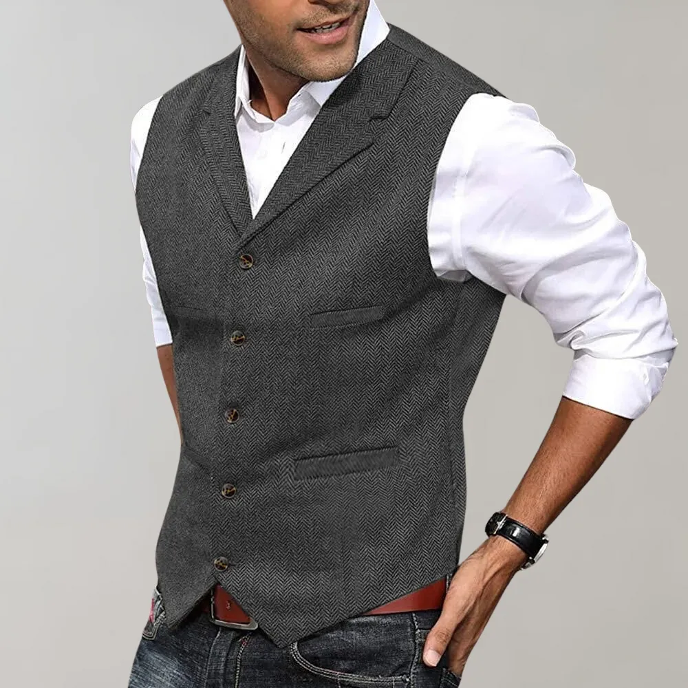 Mens Waistcoat  Tailored Fit  Herringbone Pattern  Notched Lapel  5-Button Closure