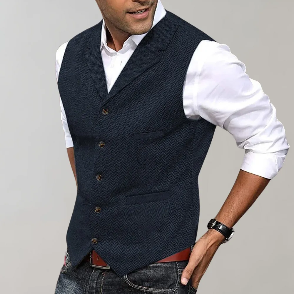 Mens Waistcoat  Tailored Fit  Herringbone Pattern  Notched Lapel  5-Button Closure