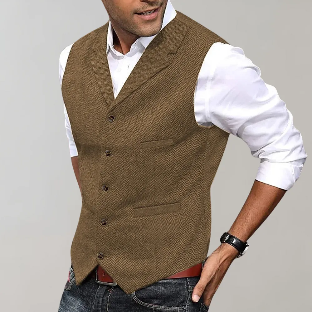 Mens Waistcoat  Tailored Fit  Herringbone Pattern  Notched Lapel  5-Button Closure