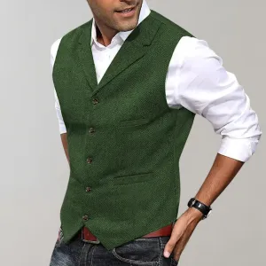 Mens Waistcoat  Tailored Fit  Herringbone Pattern  Notched Lapel  5-Button Closure