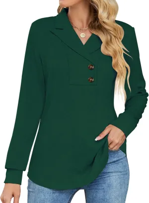 Micoson Women's Long Sleeve Button Lapel Tunic Tops V Neck Business Casual Swing Sweatshirt Pullover