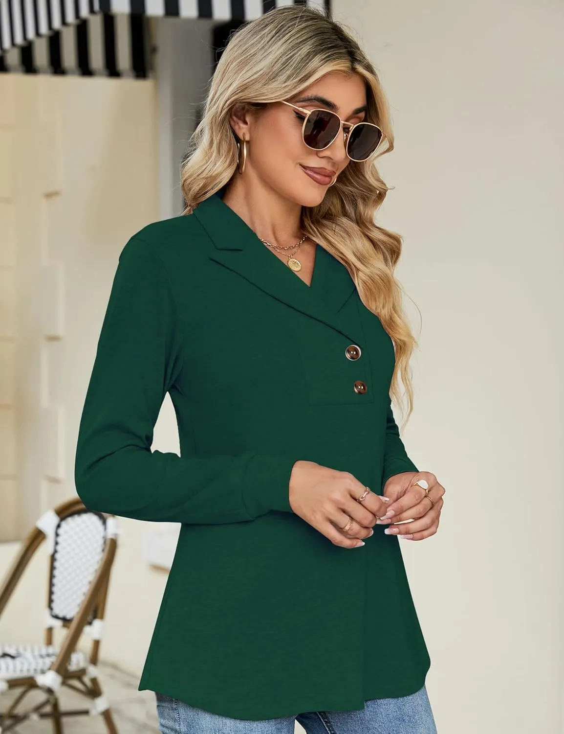 Micoson Women's Long Sleeve Button Lapel Tunic Tops V Neck Business Casual Swing Sweatshirt Pullover