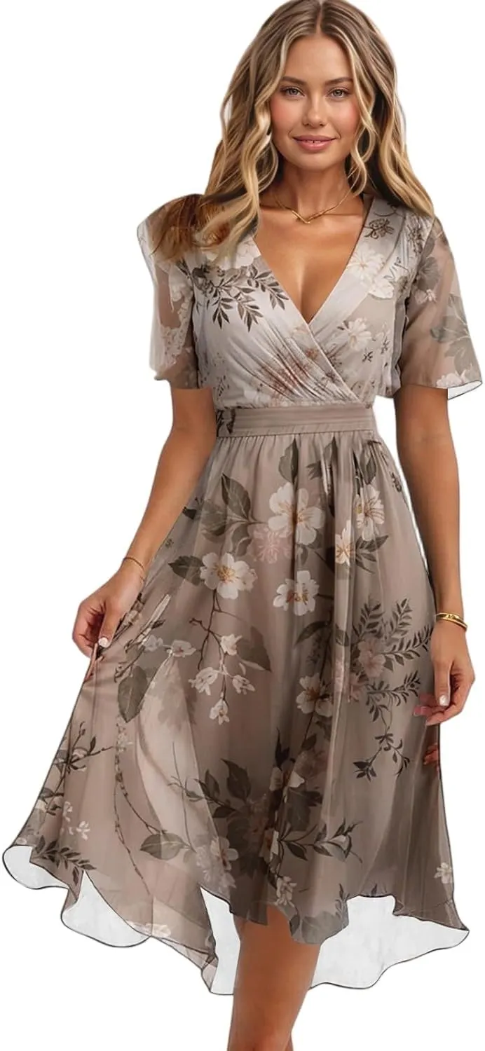 Midi Dresses for Women 2025,Womens Spring Dress Wrap Flowy Wedding Guest Prom Summer Sexy Dresses Floral Chiffon