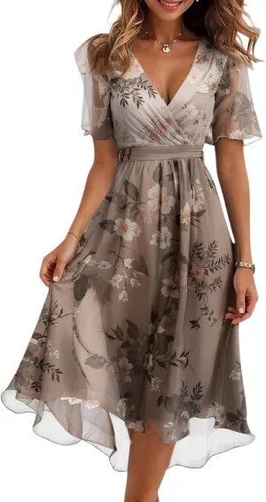 Midi Dresses for Women 2025,Womens Spring Dress Wrap Flowy Wedding Guest Prom Summer Sexy Dresses Floral Chiffon