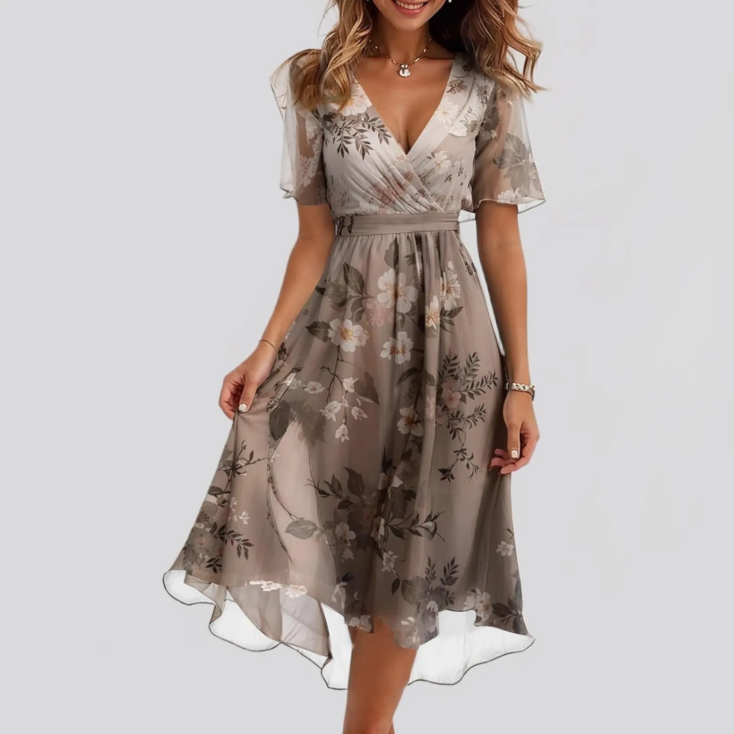 Midi Dresses for Women 2025,Womens Spring Dress Wrap Flowy Wedding Guest Prom Summer Sexy Dresses Floral Chiffon