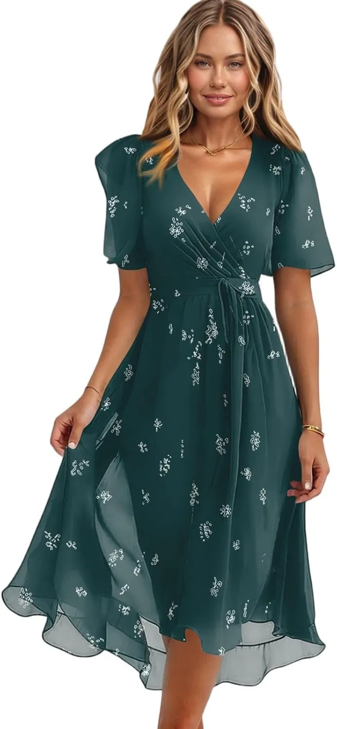 Midi Dresses for Women 2025,Wrap Flowy Womens Dress Wedding Prom Cocktail Summer Sexy Dresses for Women Chiffon