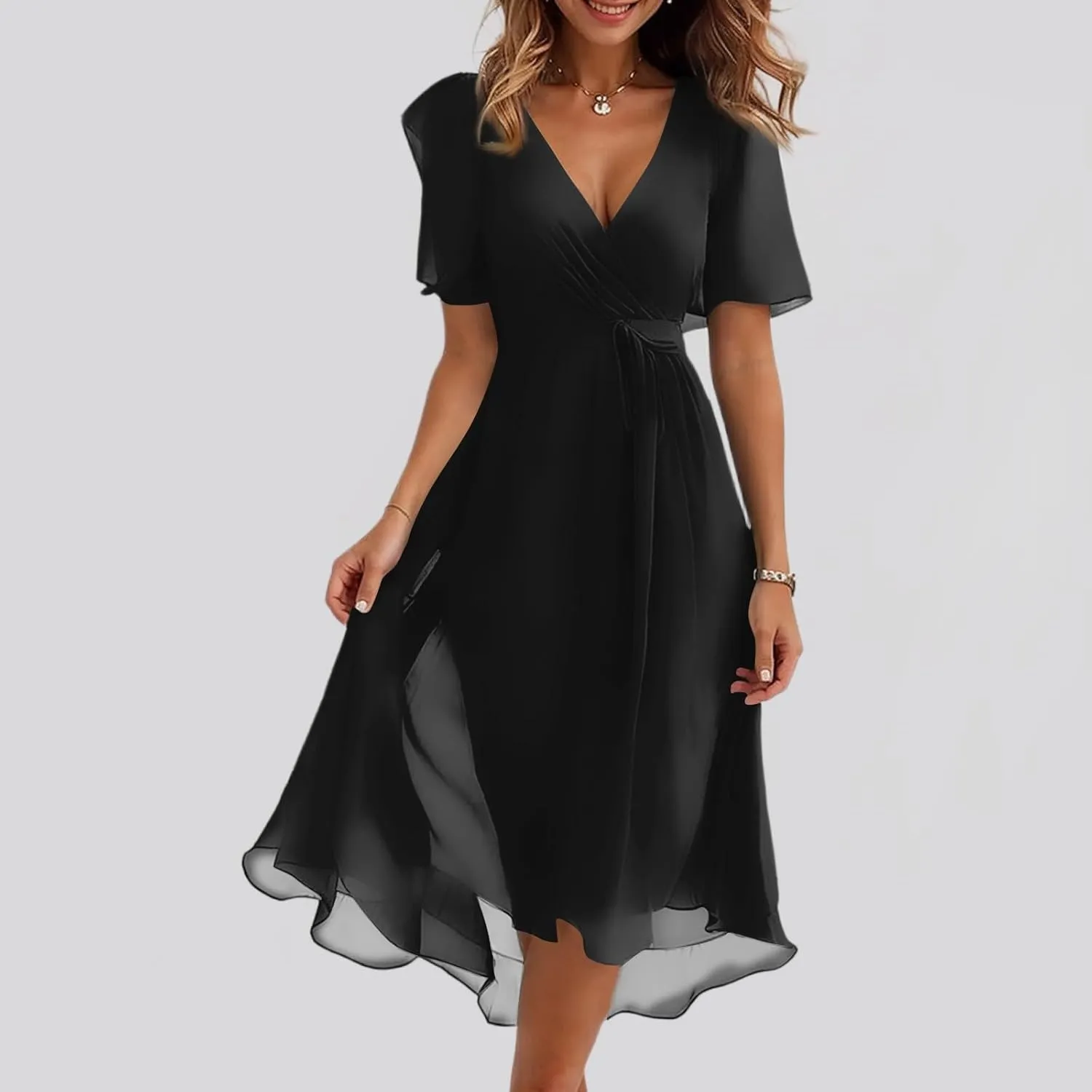 Midi Dresses for Women 2025,Wrap Flowy Womens Dress Wedding Prom Cocktail Summer Sexy Dresses for Women Chiffon