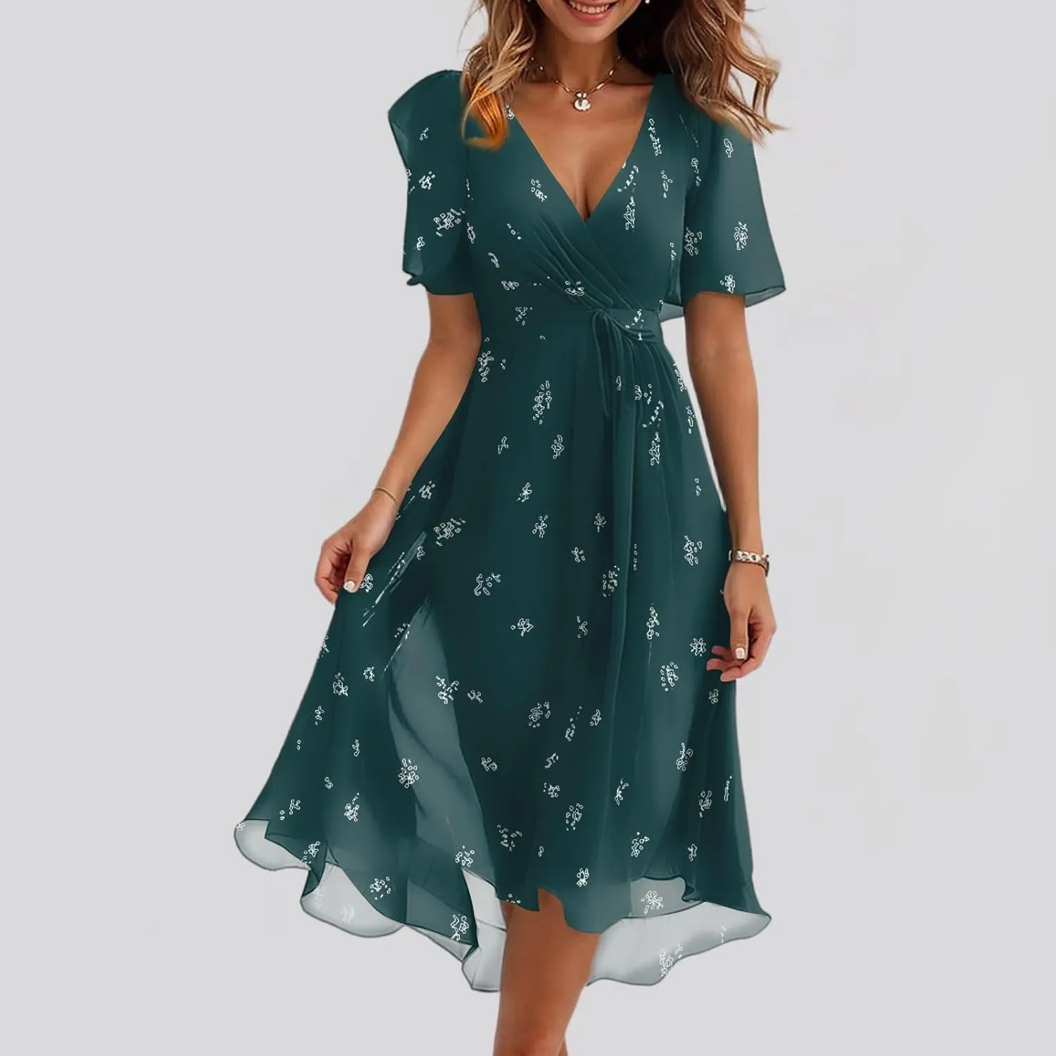 Midi Dresses for Women 2025,Wrap Flowy Womens Dress Wedding Prom Cocktail Summer Sexy Dresses for Women Chiffon