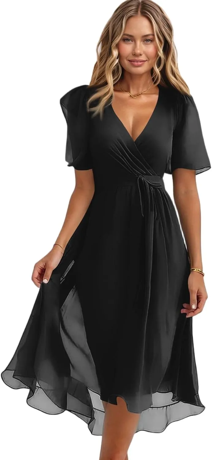 Midi Dresses for Women 2025,Wrap Flowy Womens Dress Wedding Prom Cocktail Summer Sexy Dresses for Women Chiffon