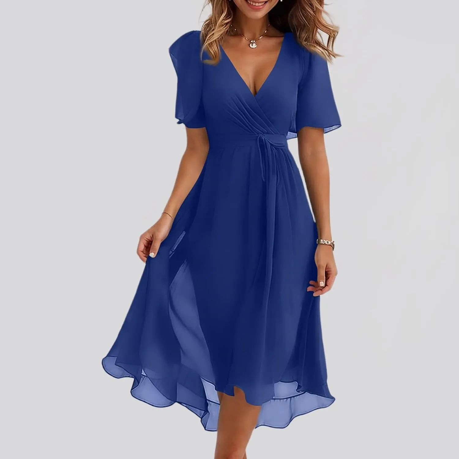 Midi Dresses for Women 2025,Wrap Flowy Womens Dress Wedding Prom Cocktail Summer Sexy Dresses for Women Chiffon