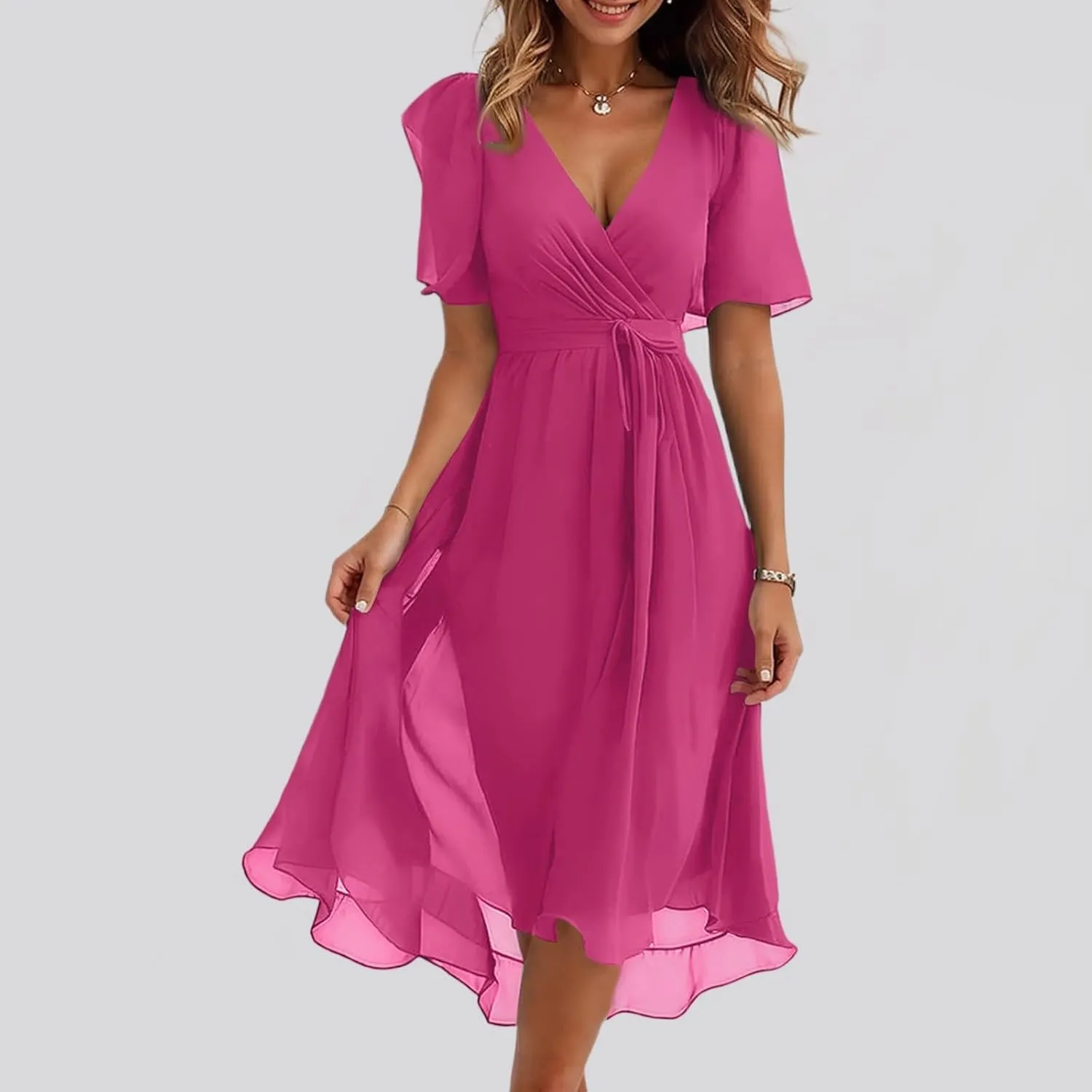 Midi Dresses for Women 2025,Wrap Flowy Womens Dress Wedding Prom Cocktail Summer Sexy Dresses for Women Chiffon
