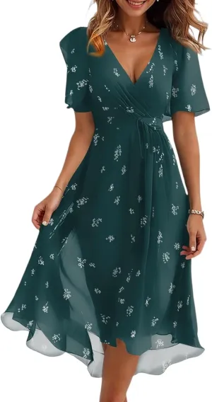 Midi Dresses for Women 2025,Wrap Flowy Womens Dress Wedding Prom Cocktail Summer Sexy Dresses for Women Chiffon