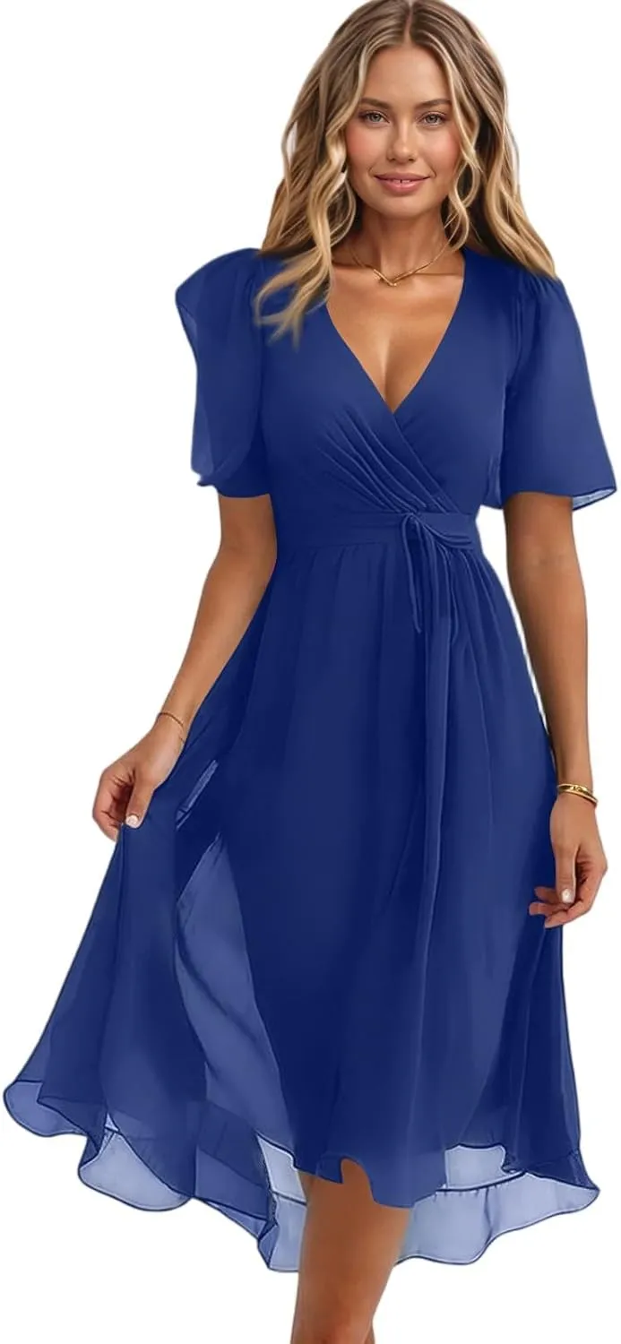 Midi Dresses for Women 2025,Wrap Flowy Womens Dress Wedding Prom Cocktail Summer Sexy Dresses for Women Chiffon