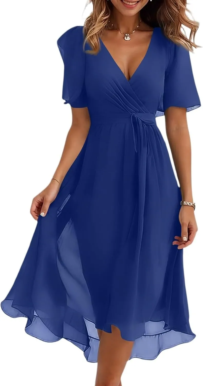 Midi Dresses for Women 2025,Wrap Flowy Womens Dress Wedding Prom Cocktail Summer Sexy Dresses for Women Chiffon