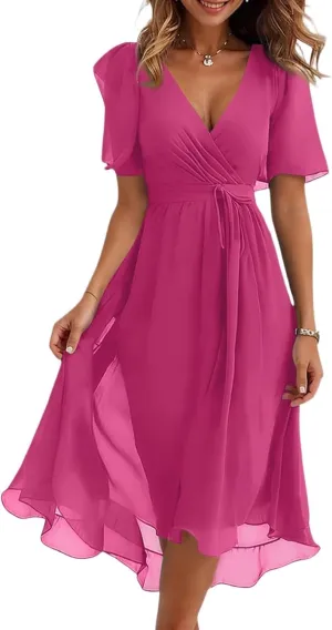 Midi Dresses for Women 2025,Wrap Flowy Womens Dress Wedding Prom Cocktail Summer Sexy Dresses for Women Chiffon