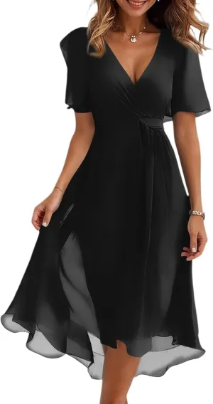 Midi Dresses for Women 2025,Wrap Flowy Womens Dress Wedding Prom Cocktail Summer Sexy Dresses for Women Chiffon