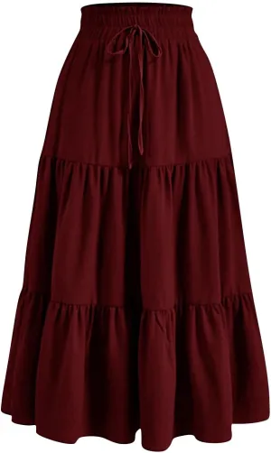 Midi Skirts for Women Trendy Floral Flowy Tiered Elastic High Waisted Skirt Summer Boho Beach A Line Ruffle Cute Skirts