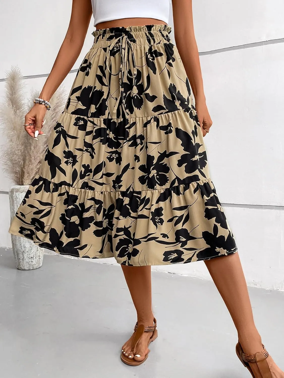 Midi Skirts for Women Trendy Floral Flowy Tiered Elastic High Waisted Skirt Summer Boho Beach A Line Ruffle Cute Skirts