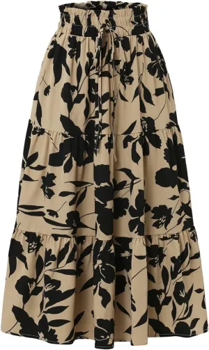 Midi Skirts for Women Trendy Floral Flowy Tiered Elastic High Waisted Skirt Summer Boho Beach A Line Ruffle Cute Skirts