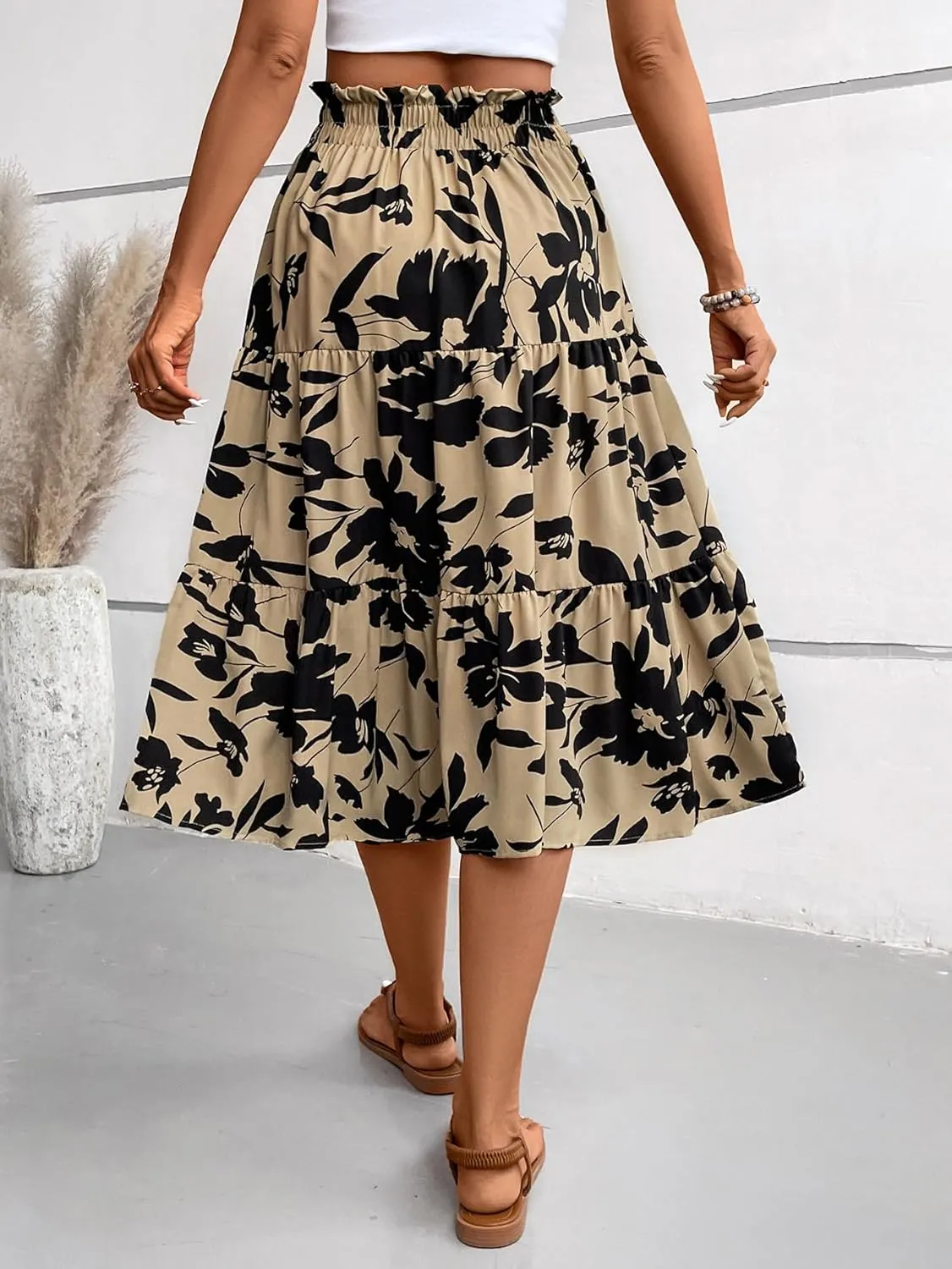Midi Skirts for Women Trendy Floral Flowy Tiered Elastic High Waisted Skirt Summer Boho Beach A Line Ruffle Cute Skirts