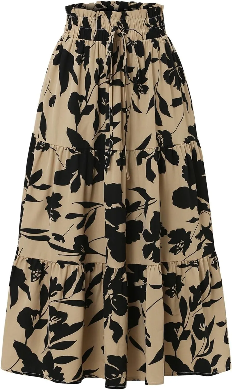 Midi Skirts for Women Trendy Floral Flowy Tiered Elastic High Waisted Skirt Summer Boho Beach A Line Ruffle Cute Skirts