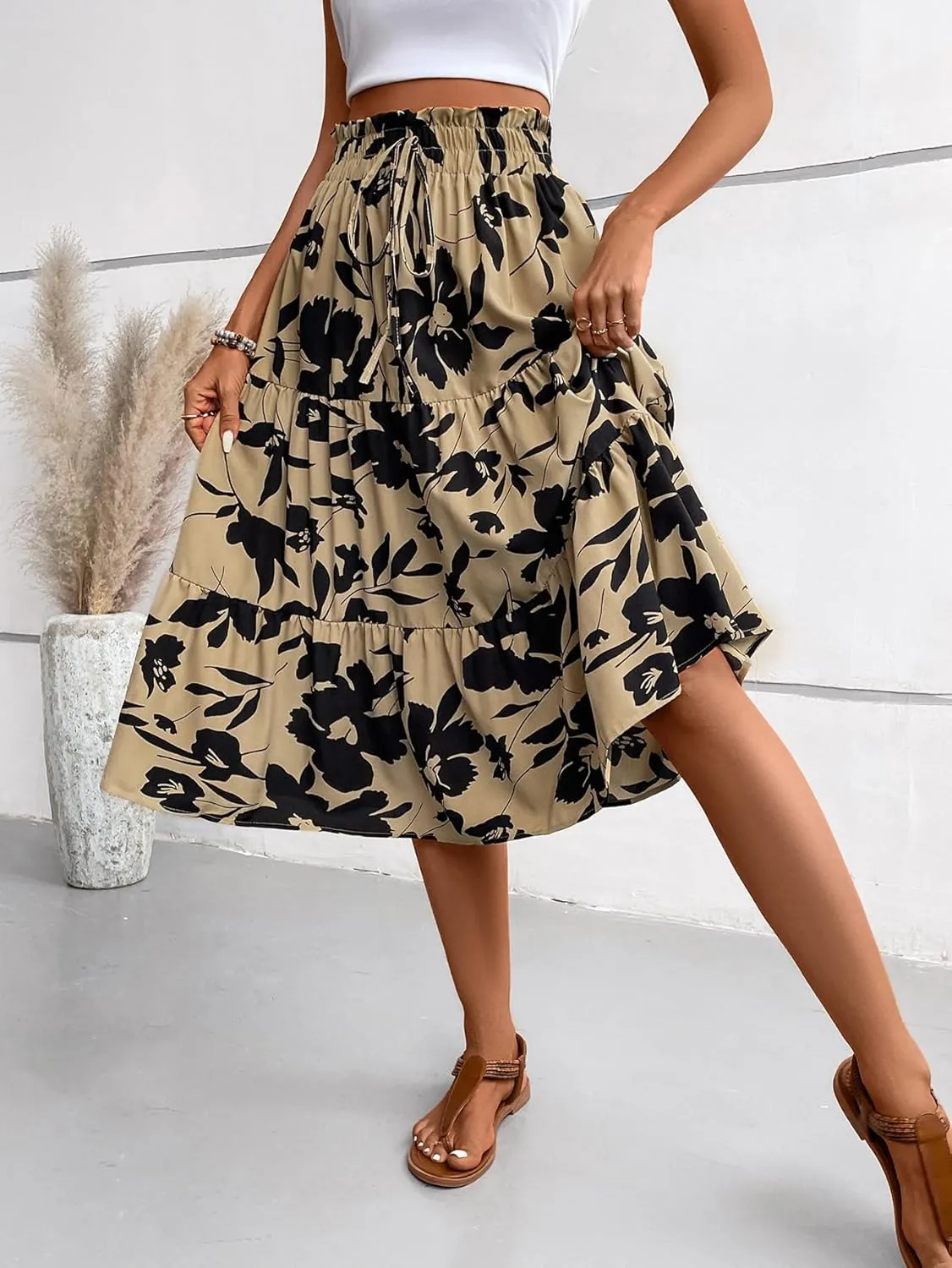 Midi Skirts for Women Trendy Floral Flowy Tiered Elastic High Waisted Skirt Summer Boho Beach A Line Ruffle Cute Skirts
