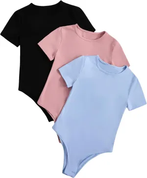 Milumia Girl's 3 Pack Ribbed Knit Bodysuits V Neck Short Sleeve Lettuce Trim Romper Jumpsuit Tops