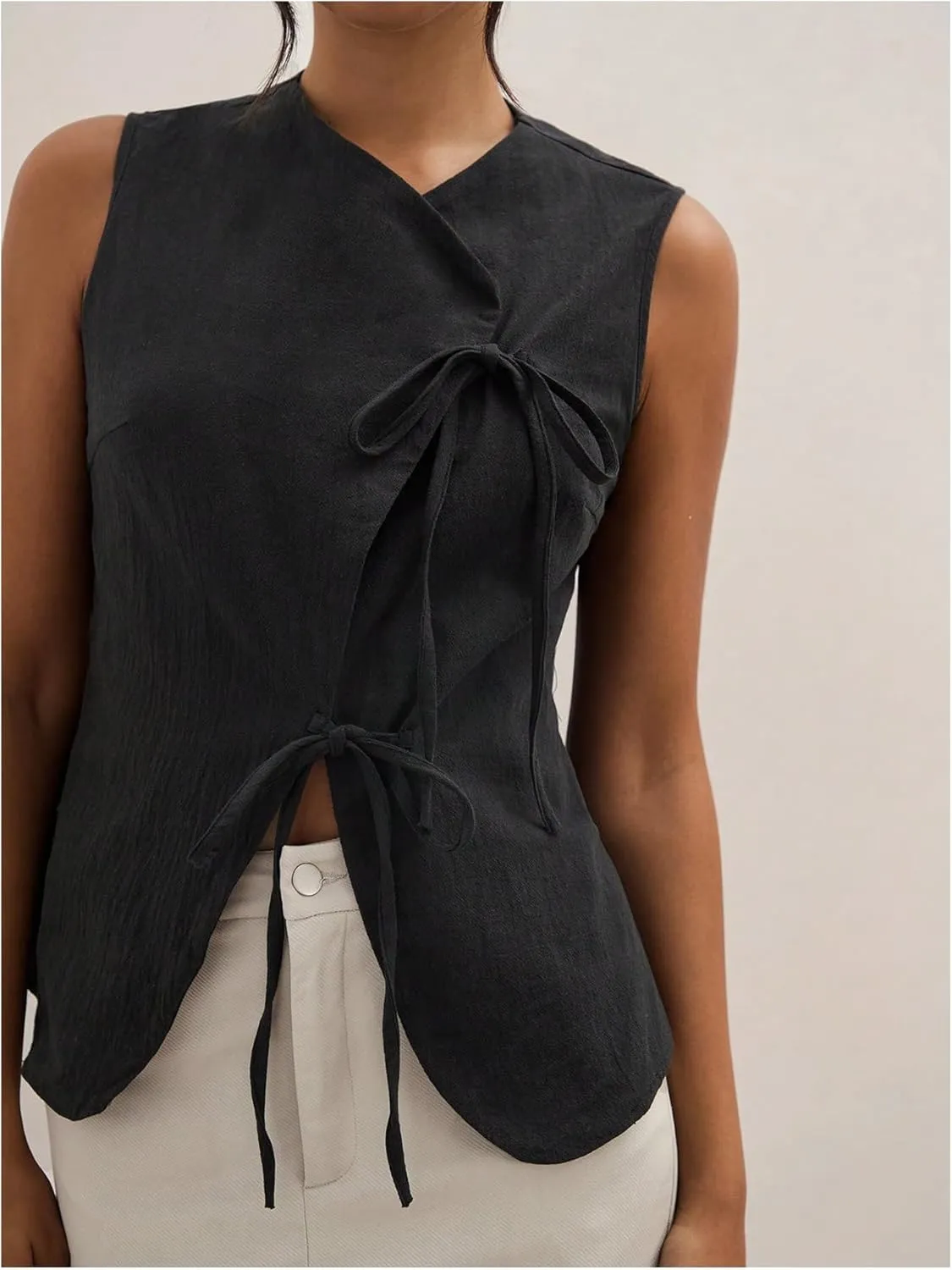Milumia Women's Bow Tie Tank Top Wrapped Sleeveless Split Hem Summer Causual Linen Vest Tops