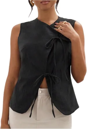 Milumia Women's Bow Tie Tank Top Wrapped Sleeveless Split Hem Summer Causual Linen Vest Tops