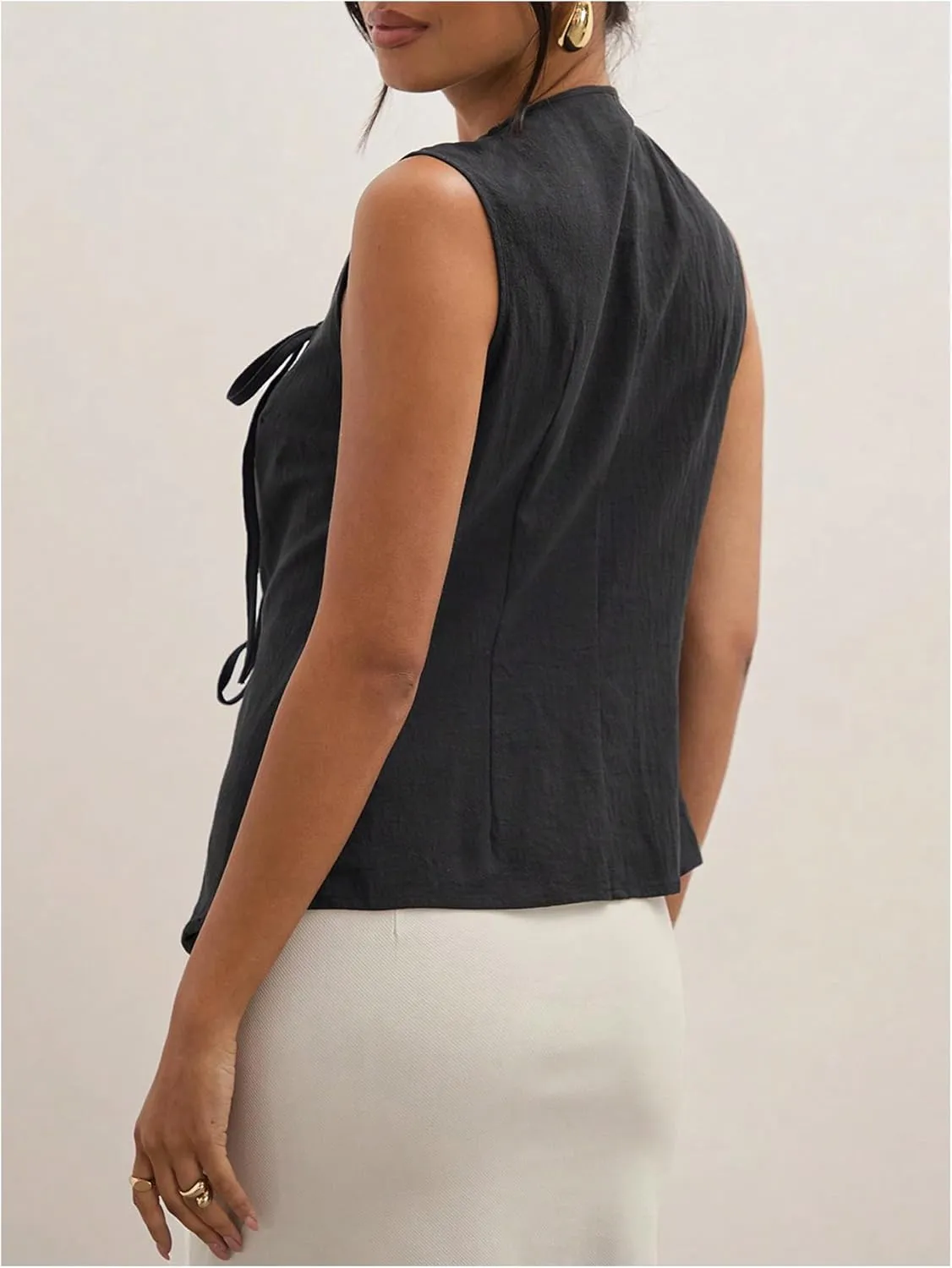 Milumia Women's Bow Tie Tank Top Wrapped Sleeveless Split Hem Summer Causual Linen Vest Tops