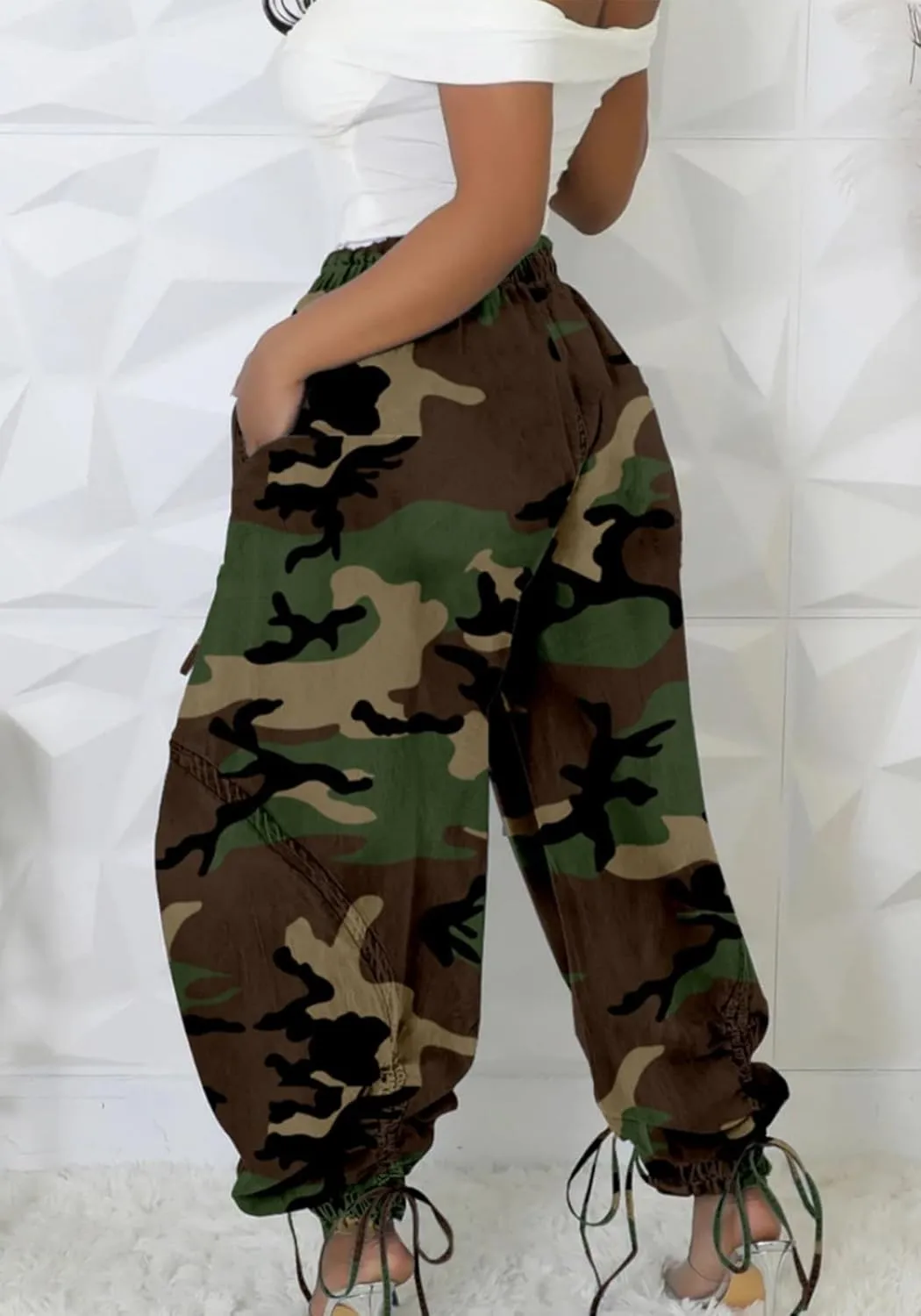 Molisry Women's Harem Pants Camouflage High Waisted Stretchy Drawstring Y2K Army Fatigue Wide Leg Baggy Pants Casual