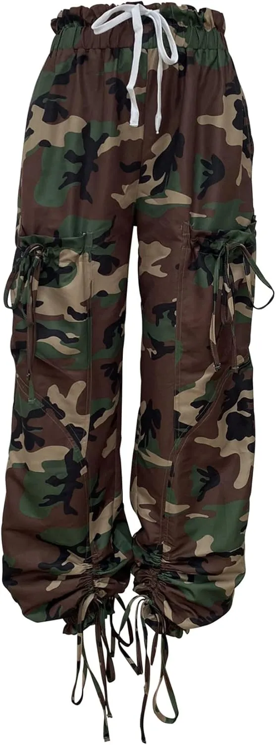 Molisry Women's Harem Pants Camouflage High Waisted Stretchy Drawstring Y2K Army Fatigue Wide Leg Baggy Pants Casual