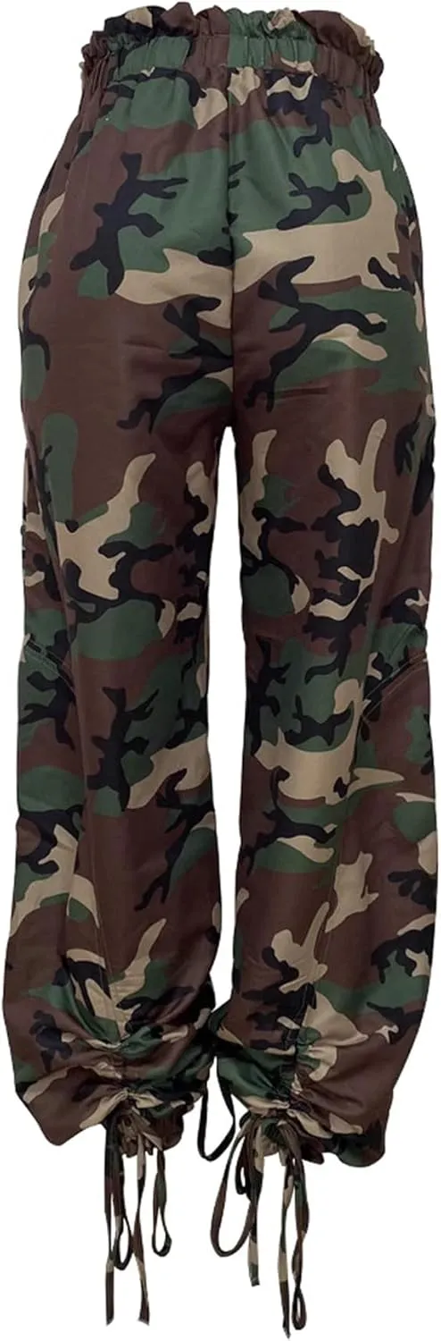 Molisry Women's Harem Pants Camouflage High Waisted Stretchy Drawstring Y2K Army Fatigue Wide Leg Baggy Pants Casual