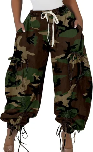 Molisry Women's Harem Pants Camouflage High Waisted Stretchy Drawstring Y2K Army Fatigue Wide Leg Baggy Pants Casual