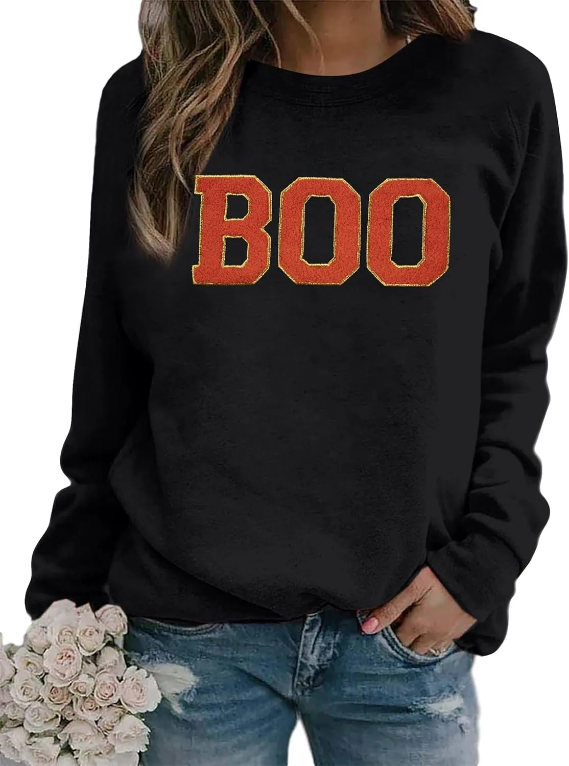MYHALF Halloween Sweatshirt Women Boo Embroidered Sweater Cute Spooky Season Sweatshirt Fall Winter Crew Neck Pullover Tops