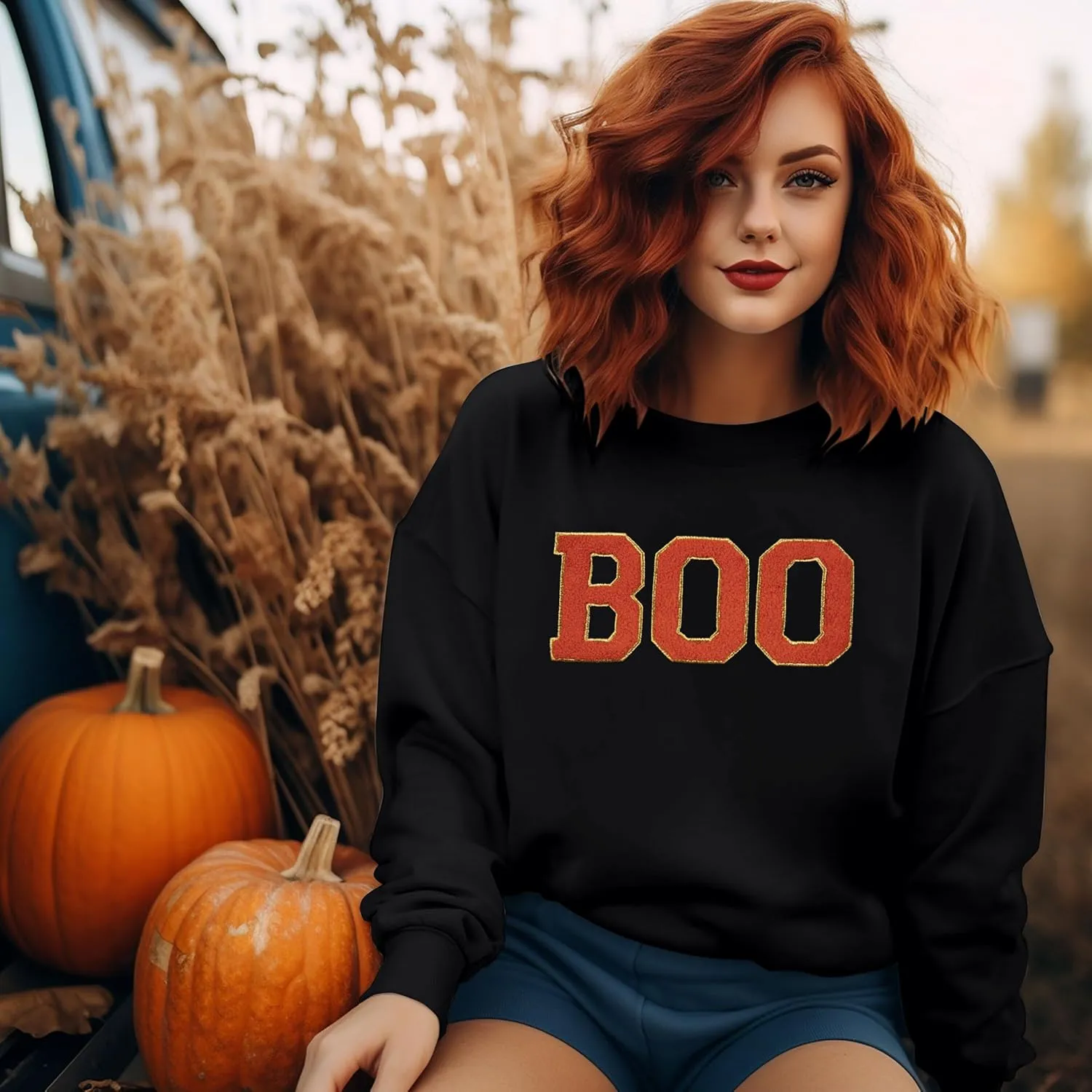 MYHALF Halloween Sweatshirt Women Boo Embroidered Sweater Cute Spooky Season Sweatshirt Fall Winter Crew Neck Pullover Tops