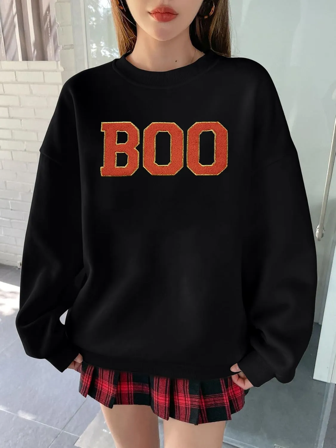 MYHALF Halloween Sweatshirt Women Boo Embroidered Sweater Cute Spooky Season Sweatshirt Fall Winter Crew Neck Pullover Tops