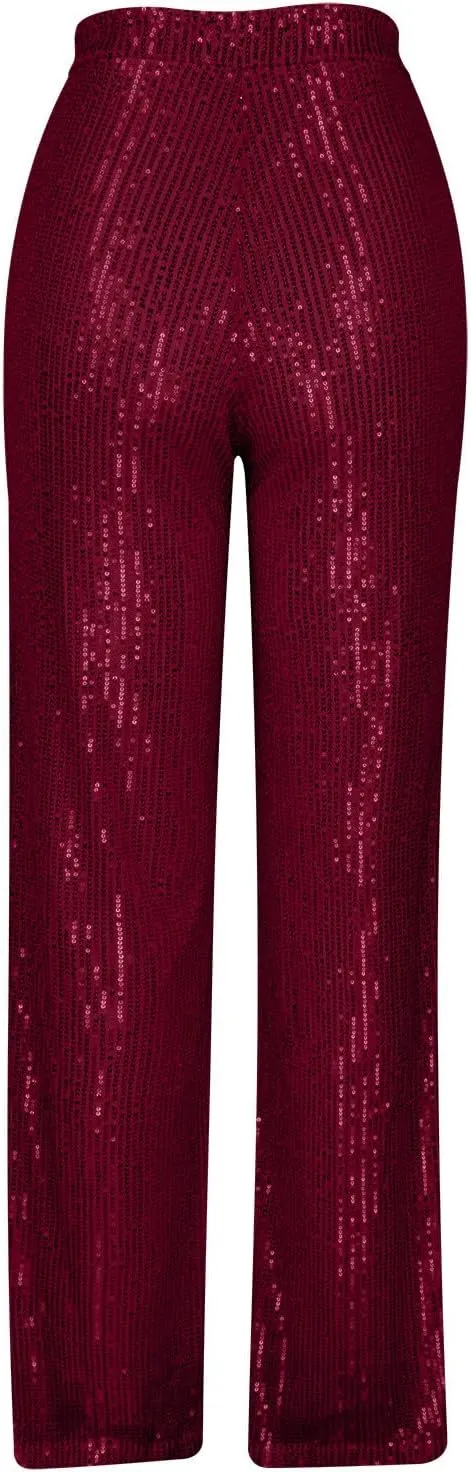 NATHGAM Sequin Pants for Women Elastic High Waist Wide Leg Pants Lounge Palazzo Pants Sequin Flare Bottoms Club Trousers