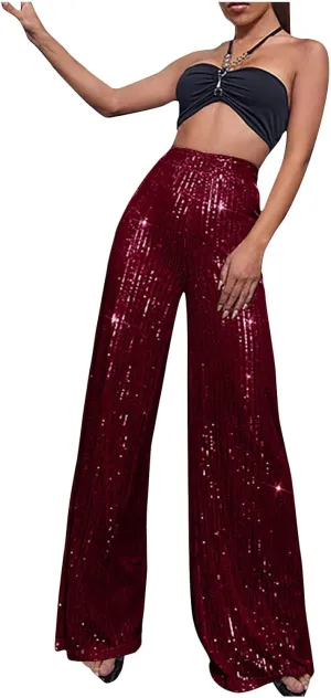 NATHGAM Sequin Pants for Women Elastic High Waist Wide Leg Pants Lounge Palazzo Pants Sequin Flare Bottoms Club Trousers