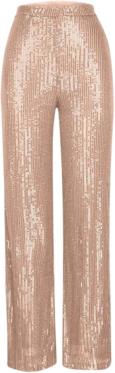NATHGAM Sequin Pants for Women Elastic High Waist Wide Leg Pants Lounge Palazzo Pants Sequin Flare Bottoms Club Trousers
