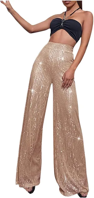 NATHGAM Sequin Pants for Women Elastic High Waist Wide Leg Pants Lounge Palazzo Pants Sequin Flare Bottoms Club Trousers