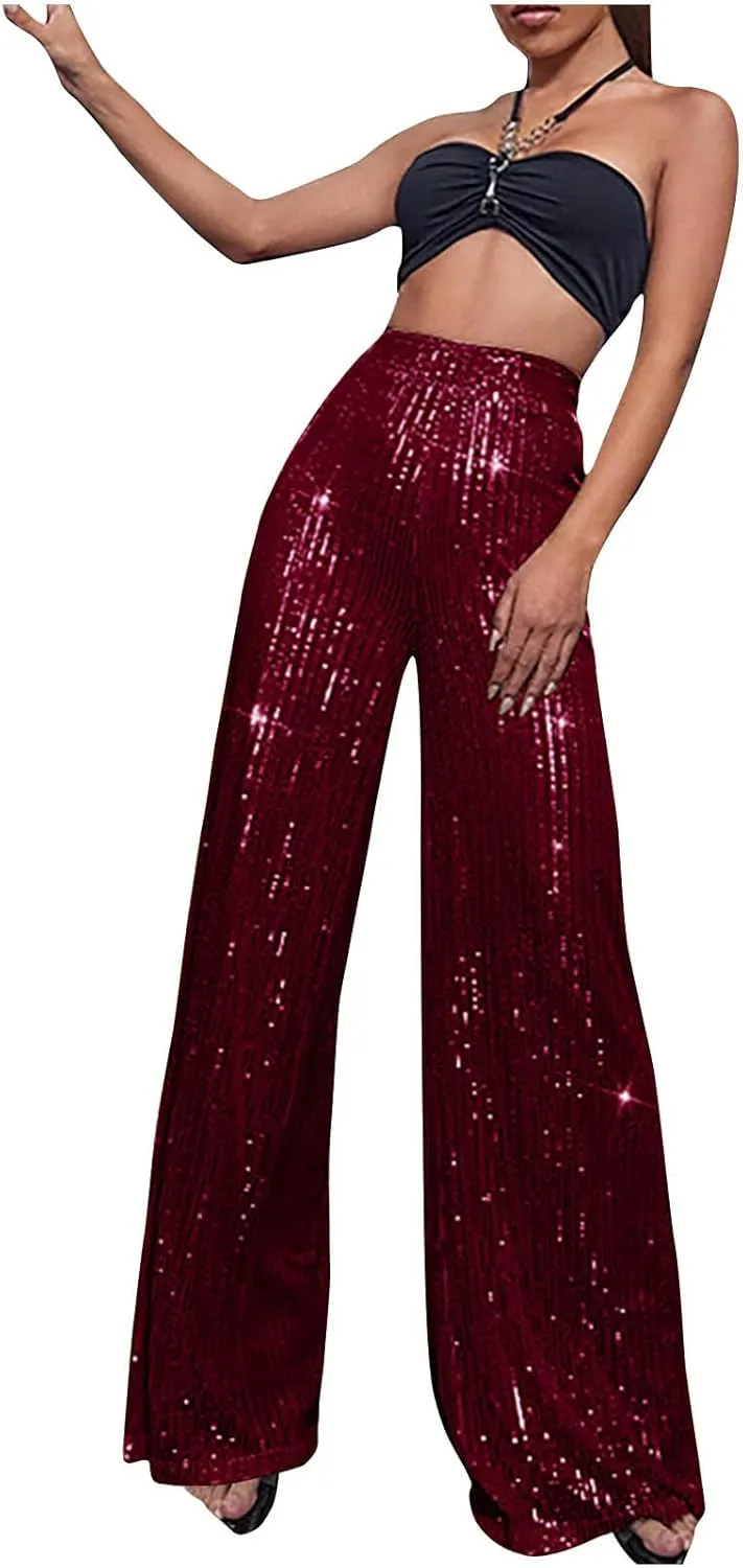 NATHGAM Sequin Pants for Women Elastic High Waist Wide Leg Pants Lounge Palazzo Pants Sequin Flare Bottoms Club Trousers