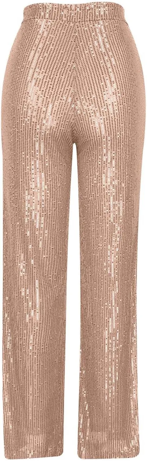 NATHGAM Sequin Pants for Women Elastic High Waist Wide Leg Pants Lounge Palazzo Pants Sequin Flare Bottoms Club Trousers