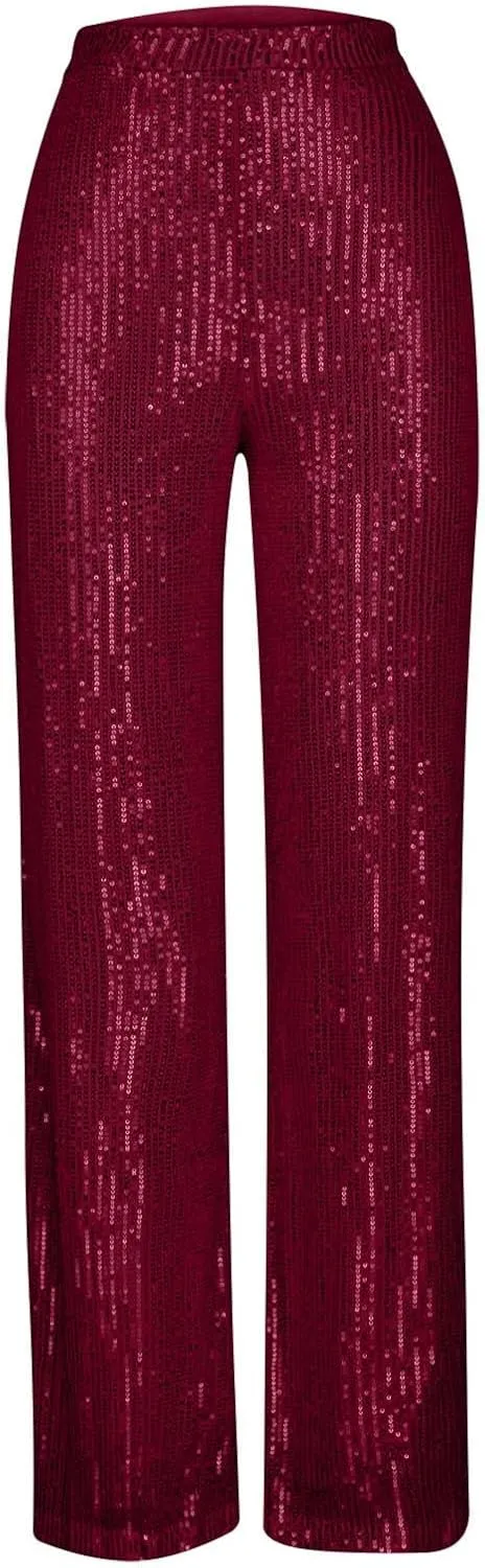 NATHGAM Sequin Pants for Women Elastic High Waist Wide Leg Pants Lounge Palazzo Pants Sequin Flare Bottoms Club Trousers