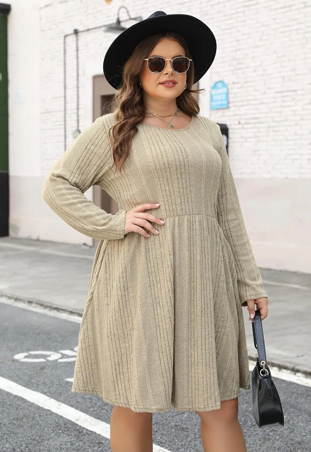 Nemidor Womens Plus Size Scooped Neck Long Sleeve Ribbed Midi Swing Dress with Pocket NEM543