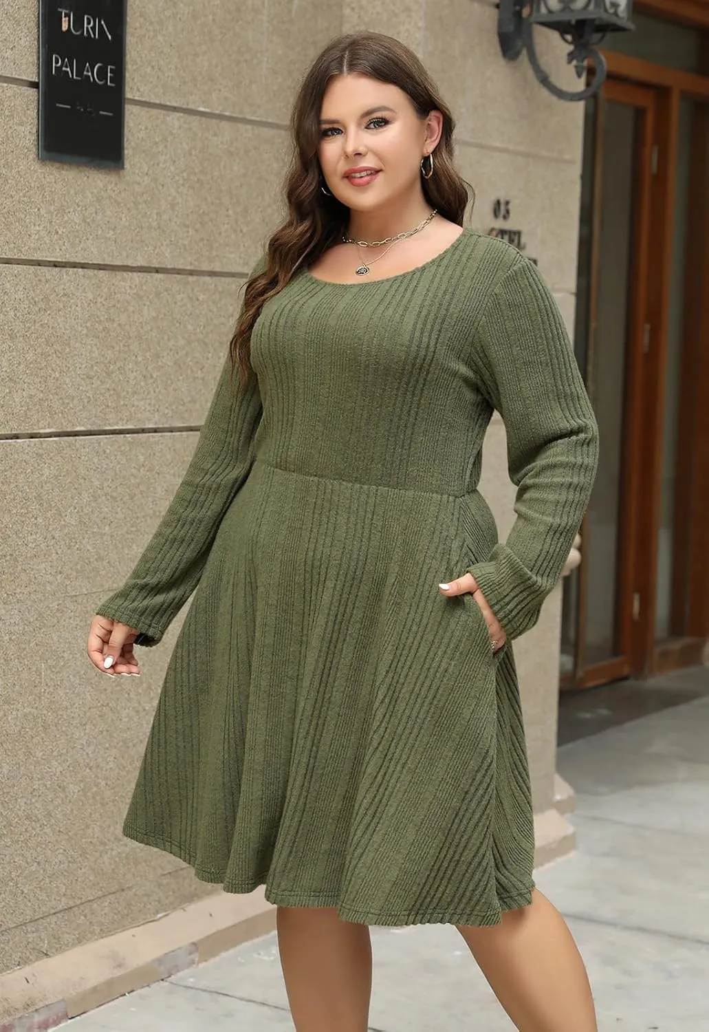 Nemidor Womens Plus Size Scooped Neck Long Sleeve Ribbed Midi Swing Dress with Pocket NEM543