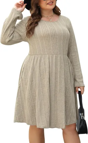 Nemidor Womens Plus Size Scooped Neck Long Sleeve Ribbed Midi Swing Dress with Pocket NEM543