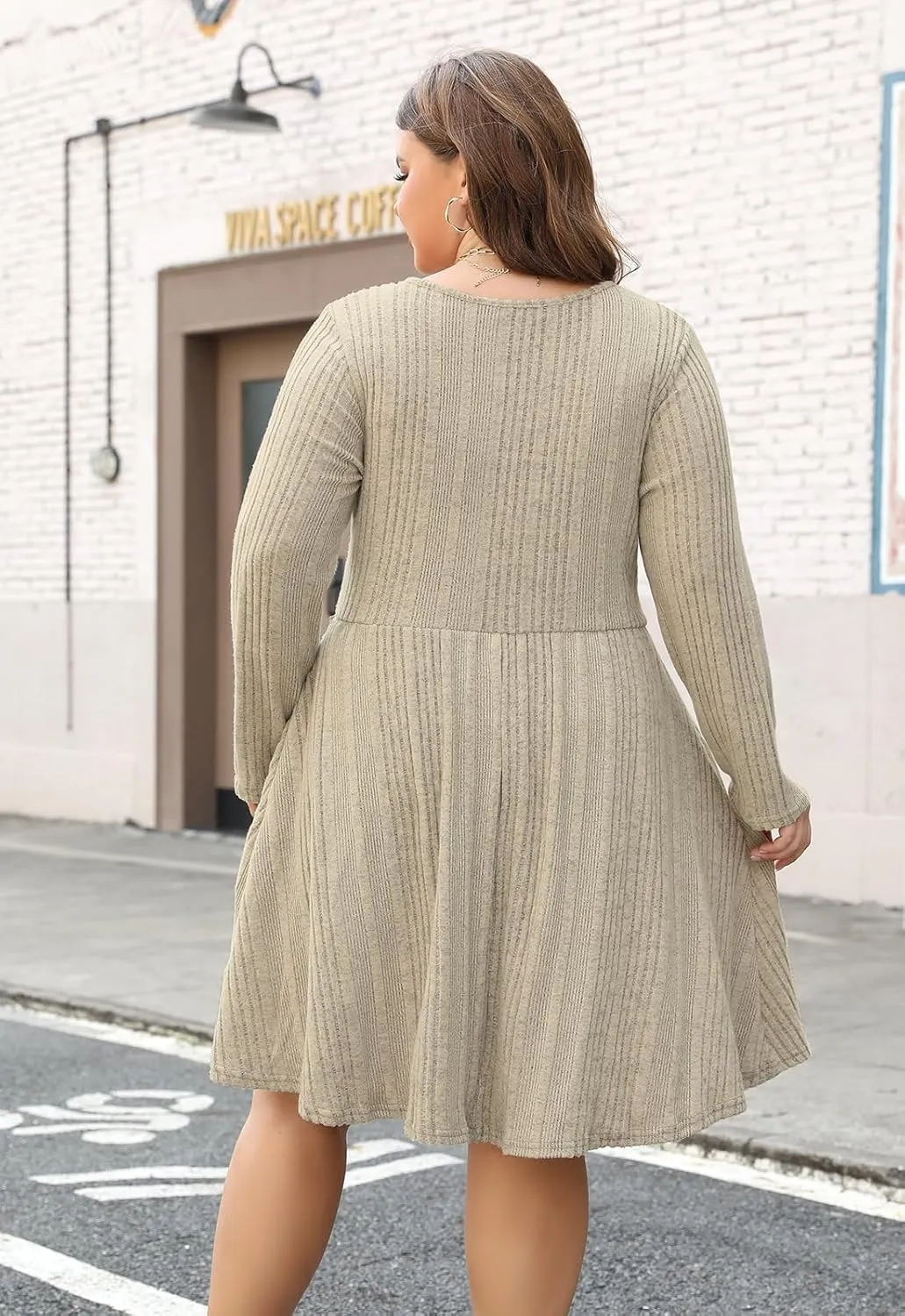 Nemidor Womens Plus Size Scooped Neck Long Sleeve Ribbed Midi Swing Dress with Pocket NEM543