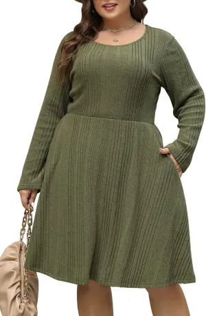 Nemidor Womens Plus Size Scooped Neck Long Sleeve Ribbed Midi Swing Dress with Pocket NEM543