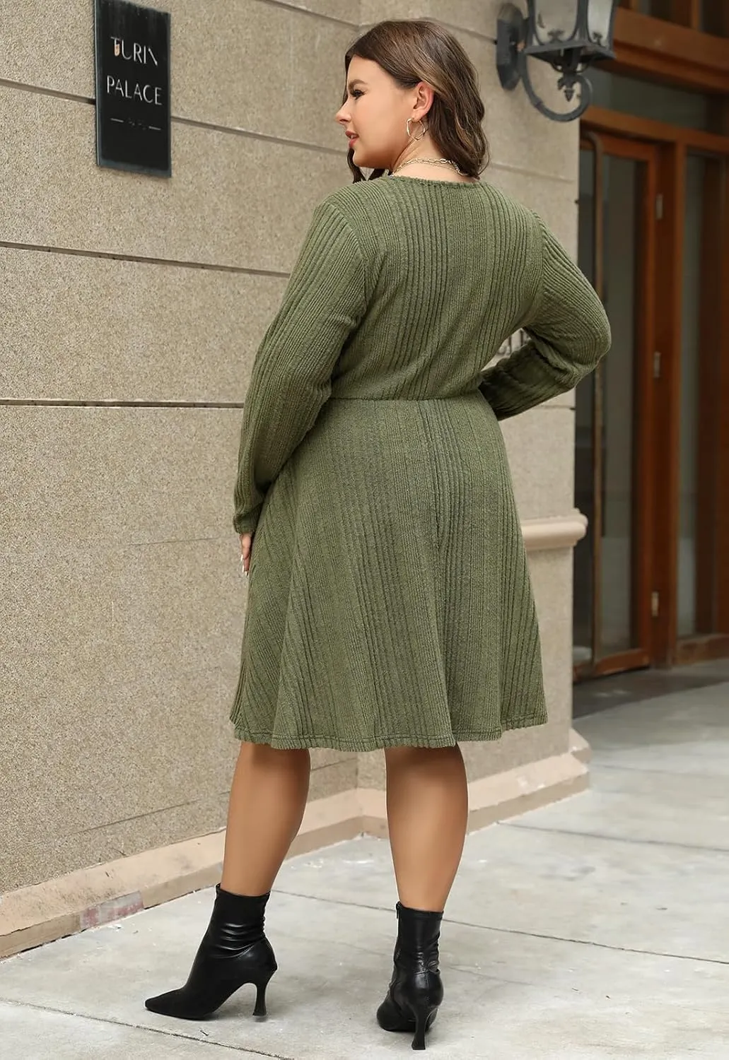 Nemidor Womens Plus Size Scooped Neck Long Sleeve Ribbed Midi Swing Dress with Pocket NEM543